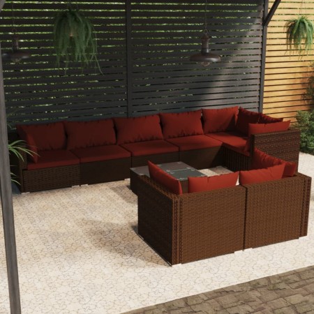 Set muebles de jardín 9 piezas y cojines ratán sintético marrón de , Conjuntos de jardín - Ref: Foro24-3102491, Precio: 746,9...