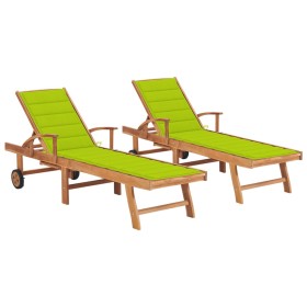 Tumbonas 2 unidades madera maciza teca con cojín verde chillón de , Tumbonas - Ref: Foro24-3073197, Precio: 589,99 €, Descuen...