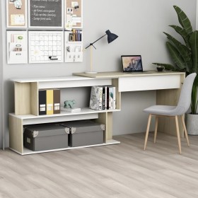 White and oak plywood corner desk 200x50x76 cm by , Desks - Ref: Foro24-801103, Price: 147,27 €, Discount: %