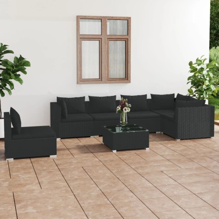 Set de muebles de jardín 7 pzas y cojines ratán sintético negro de , Conjuntos de jardín - Ref: Foro24-3102328, Precio: 741,8...