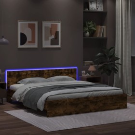 Estructura de cama cabecero y luces LED roble ahumado 200x200cm de , Camas y somieres - Ref: Foro24-3207585, Precio: 194,99 €...