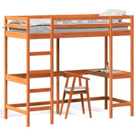 Loft bed with solid pine wood desk in brown 80x200 cm by , Beds and slatted bases - Ref: Foro24-842857, Price: 199,99 €, Disc...