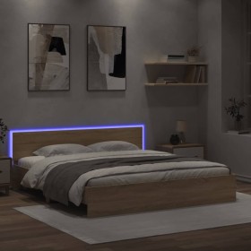 Estructura de cama cabecero y luces LED roble Sonoma 200x200 cm de , Camas y somieres - Ref: Foro24-3207583, Precio: 194,99 €...