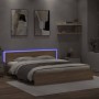 Sonoma oak bed frame with headboard and LED lights 200x200 cm by , Beds and slatted bases - Ref: Foro24-3207583, Price: 194,9...