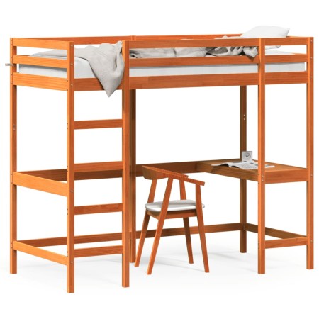 Loft bed with solid pine wood desk in brown 90x200 cm by , Beds and slatted bases - Ref: Foro24-842853, Price: 256,99 €, Disc...