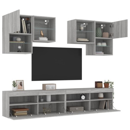 Wall-mounted TV furniture with LED lights, 6 pieces in Sonoma gray. by , TV Furniture - Ref: Foro24-3216755, Price: 251,84 €,...