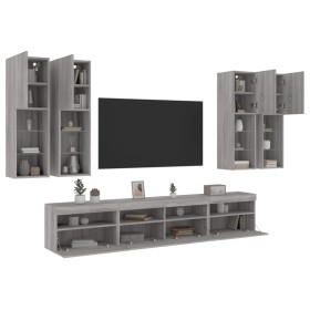 Muebles de TV de pared con luces LED 7 piezas gris sonoma de , Muebles TV - Ref: Foro24-3216776, Precio: 391,45 €, Descuento: %