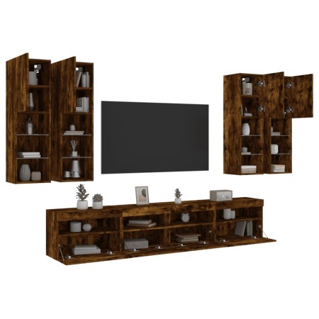 Wall TV cabinets with LED lights 7 pieces smoked oak by , TV Furniture - Ref: Foro24-3216775, Price: 387,66 €, Discount: %