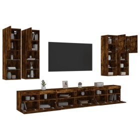 Wall TV cabinets with LED lights 7 pieces smoked oak by , TV Furniture - Ref: Foro24-3216782, Price: 395,89 €, Discount: %