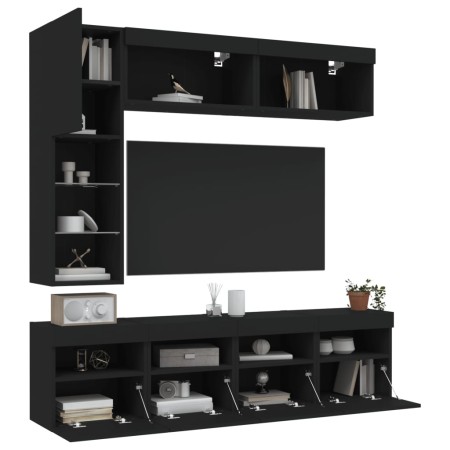 TV wall cabinet with LED lights 7 pieces black by , TV Furniture - Ref: Foro24-3216758, Price: 225,31 €, Discount: %