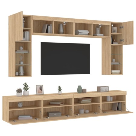 Muebles de TV de pared con luces LED 8 piezas roble sonoma de , Muebles TV - Ref: Foro24-3216766, Precio: 325,39 €, Descuento: %