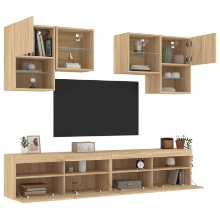 Wall TV cabinets with LED lights 6 pieces sonoma oak by , TV Furniture - Ref: Foro24-3216752, Price: 245,52 €, Discount: %