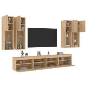 Wall TV cabinets with LED lights 7 pieces sonoma oak by , TV Furniture - Ref: Foro24-3216773, Price: 383,51 €, Discount: %