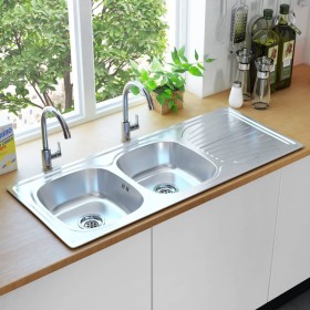 Double sink with stainless steel strainer and siphon by vidaXL, Sinks - Ref: Foro24-145075, Price: 157,95 €, Discount: %