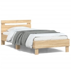 Bed frame headboard LED lights Sonoma oak 100x200 cm by , Beds and slatted bases - Ref: Foro24-838710, Price: 114,25 €, Disco...