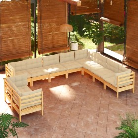 Garden furniture 10 pieces and solid pine wood cream cushions by , Garden sets - Ref: Foro24-3096911, Price: 820,57 €, Discou...