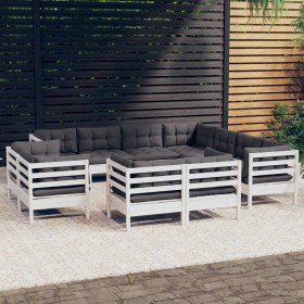 Muebles de jardín 11 pzas y cojines blanco madera maciza pino de , Conjuntos de jardín - Ref: Foro24-3096936, Precio: 1,00 €,...