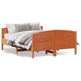 Bed frame with wax brown pine wood headboard 140x200 cm by , Beds and slatted bases - Ref: Foro24-3216175, Price: 219,76 €, D...