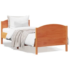 Bed frame with wax brown pine wood headboard 90x200 cm by , Beds and slatted bases - Ref: Foro24-842569, Price: 108,99 €, Dis...