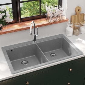 Built-in two-bowl gray granite sink by , Sinks - Ref: Foro24-141676, Price: 259,23 €, Discount: %