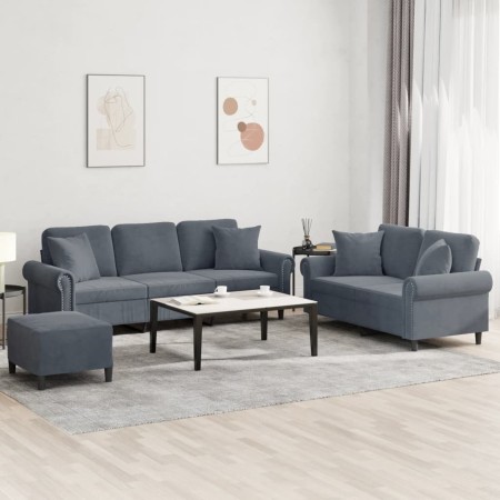 Dreiteilige Sofagarnitur aus dunkelgrauem Samt mit Kissen von , Sofas - Ref: Foro24-3202281, Preis: 655,26 €, Rabatt: %