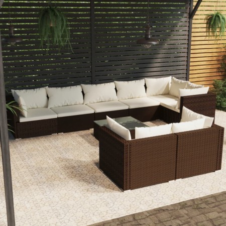 Set muebles de jardín 9 piezas y cojines ratán sintético marrón de , Conjuntos de jardín - Ref: Foro24-3102490, Precio: 607,9...