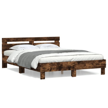 Smoked oak engineered wood bed with headboard 140x200 cm by , Beds and slatted bases - Ref: Foro24-3207424, Price: 142,27 €, ...