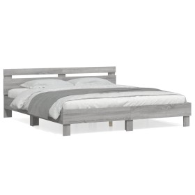 Sonoma gray engineered wood bed with headboard 180x200 cm by , Beds and slatted bases - Ref: Foro24-3207404, Price: 157,99 €,...