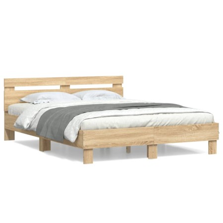 Sonoma oak engineered wood bed with headboard 140x200 cm by , Beds and slatted bases - Ref: Foro24-3207422, Price: 131,45 €, ...