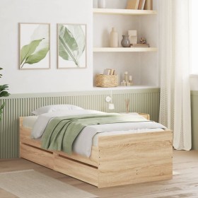 Estructura de cama con cajones roble Sonoma 90x190 cm de , Camas y somieres - Ref: Foro24-3207352, Precio: 153,55 €, Descuent...