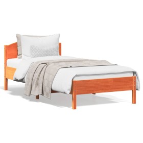 Bed frame with wax brown pine wood headboard 90x200 cm by , Beds and slatted bases - Ref: Foro24-842621, Price: 93,99 €, Disc...