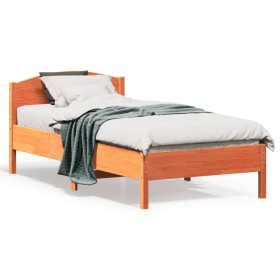 Bed frame with wax brown pine wood headboard 90x190 cm by , Beds and slatted bases - Ref: Foro24-842625, Price: 91,99 €, Disc...