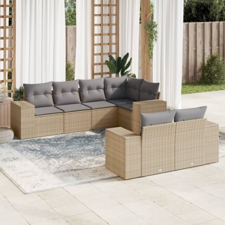 7-teiliges Gartensofa-Set und beige synthetische Rattankissen von , Gartensets - Ref: Foro24-3255146, Preis: 732,28 €, Rabatt: %