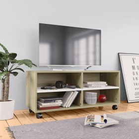 Mueble de TV con ruedas contrachapada blanco y roble 90x35x35cm de , Muebles TV - Ref: Foro24-800185, Precio: 65,44 €, Descue...