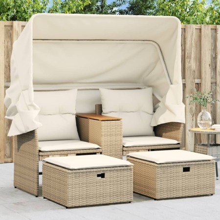 2 seater garden sofa with awning and beige PE rattan stools by , Outdoor sofas - Ref: Foro24-365802, Price: 487,42 €, Discoun...