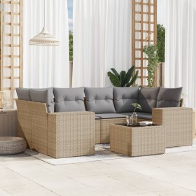 7-teiliges Gartensofa-Set und beigefarbene synthetische Rattankissen von , Modulare Sofas für den Außenbereich - Ref: Foro24-...