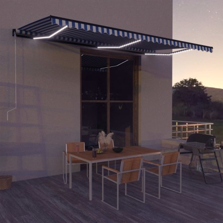 Toldo con LED y sensor de viento azul y blanco 600x300 cm de , Toldos - Ref: Foro24-3051284, Precio: 616,33 €, Descuento: %