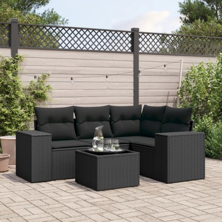 5-teiliges Gartenmöbel-Set und schwarze synthetische Rattankissen von , Modulare Sofas für den Außenbereich - Ref: Foro24-322...