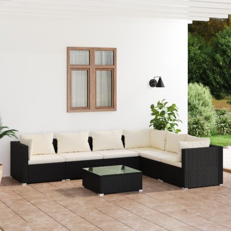 Set de muebles de jardín 7 pzas y cojines ratán sintético negro de , Conjuntos de jardín - Ref: Foro24-3101727, Precio: 736,9...