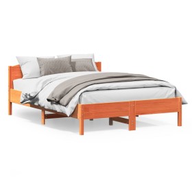 Bed frame with wax brown pine wood headboard 160x200 cm by , Beds and slatted bases - Ref: Foro24-3216196, Price: 205,31 €, D...