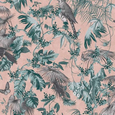 DUTCH WALLCOVERINGS Green and pink leaves and birds wallpaper by DUTCH WALLCOVERINGS, Painted paper - Ref: Foro24-426241, Pri...