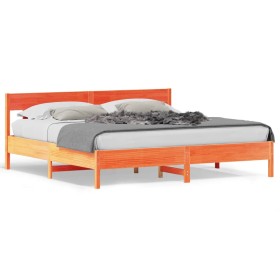 Estructura cama con cabecero madera pino marrón cera 200x200 cm de , Camas y somieres - Ref: Foro24-3216202, Precio: 213,54 €...