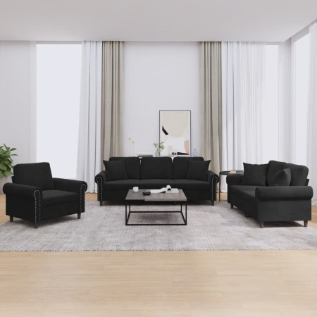 3-piece black velvet sofa set with cushions by , Sofas - Ref: Foro24-3202195, Price: 733,32 €, Discount: %