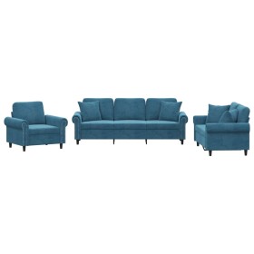 Blue velvet 3-piece sofa set with cushions by , Sofas - Ref: Foro24-3202199, Price: 705,99 €, Discount: %