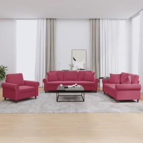 Red velvet 3-piece sofa set with cushions by , Sofas - Ref: Foro24-3202194, Price: 708,99 €, Discount: %