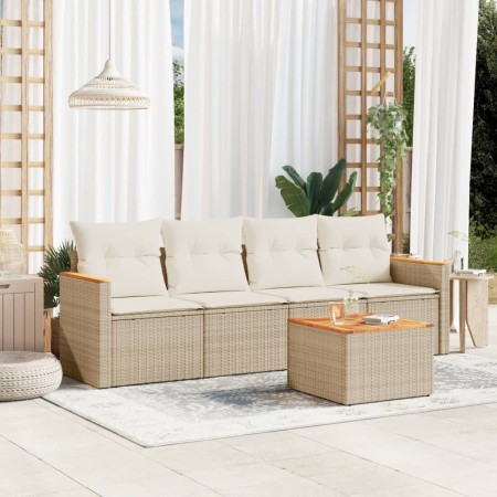 Gartensofa-Set mit Kissen, 5-teilig, beiges synthetisches Rattan von , Gartensets - Ref: Foro24-3258180, Preis: 352,38 €, Rab...