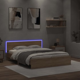 Sonoma oak bed frame with headboard and LED lights 160x200 cm by , Beds and slatted bases - Ref: Foro24-3207597, Price: 171,0...