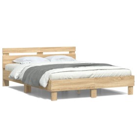 Estructura de cama cabecero y luces LED roble Sonoma 140x190 cm de , Camas y somieres - Ref: Foro24-3207562, Precio: 154,20 €...