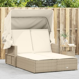 Double sun lounger with hood and beige synthetic rattan cushions by , Loungers - Ref: Foro24-365810, Price: 350,99 €, Discoun...