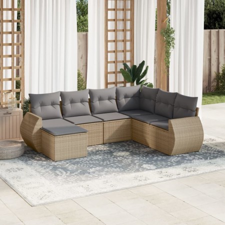 7-teiliges Gartensofa-Set und beigefarbene synthetische Rattankissen von , Modulare Sofas für den Außenbereich - Ref: Foro24-...